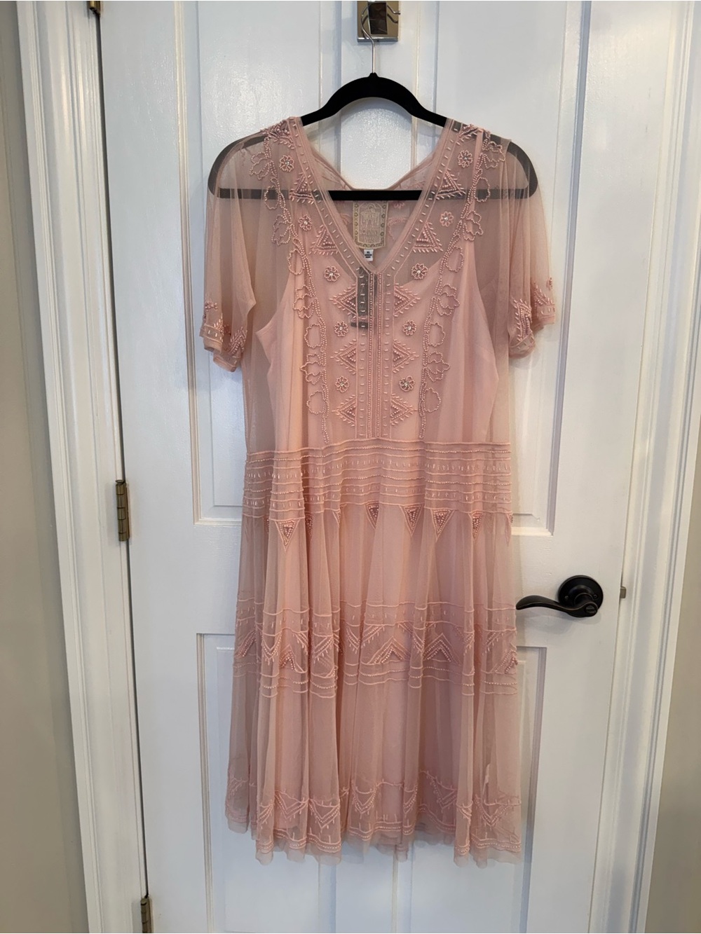Johnny Was Blush Pink Embroidered V-Neck Midi Dress